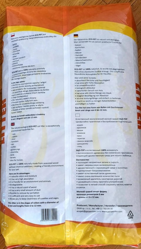 Eco-Pet Gaja Drewniany Żwirek Dla Kota I Ściółka Dla Małych Zwierząt 35l