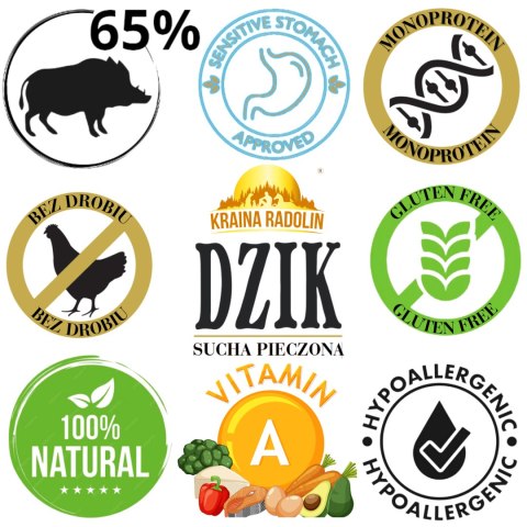 Kraina Radolin Dzik 1,2 kg rasy większe dla psów z alergią i nadwrażliwością 65% mięsa karma sucha pieczona