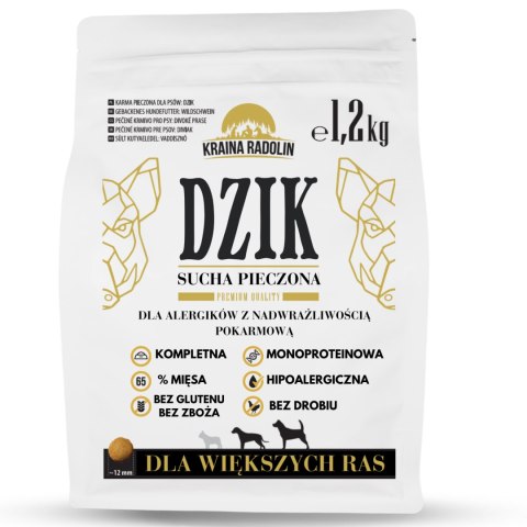 Kraina Radolin Dzik 1,2 kg rasy większe dla psów z alergią i nadwrażliwością 65% mięsa karma sucha pieczona