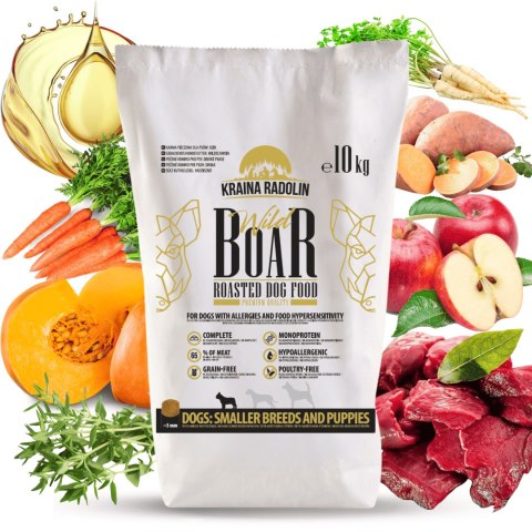 Kraina Radolin Dzik 10 kg rasy mniejsze i szczenięta karma sucha pieczona 65% mięsa dla alergików z nadwrażliwością pokarmową