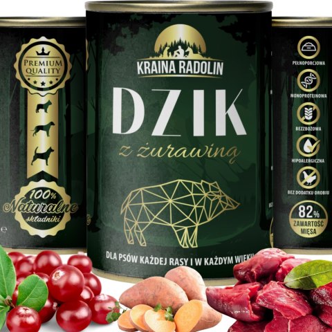 Kraina Radolin Dzik z żurawiną 400g 82% mięsa karma mokra dla alergików z nadwrażliwością pokarmową