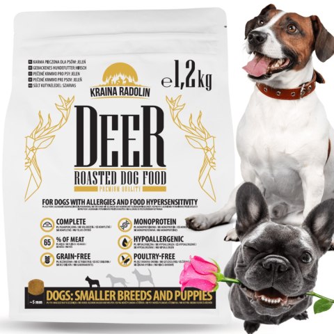 Kraina Radolin Jeleń 1,2 kg mniejszye rasy i szczenięta karma sucha pieczona 65% mięsa dla alergików z nadwrażliwością pokarmową
