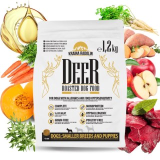 Kraina Radolin Jeleń 1,2 kg mniejszye rasy i szczenięta karma sucha pieczona 65% mięsa dla alergików z nadwrażliwością pokarmową