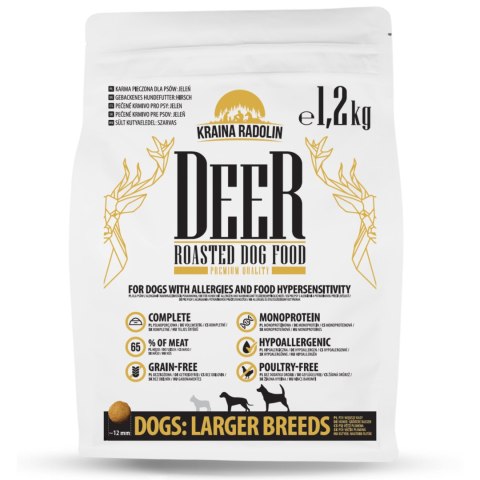 Kraina Radolin Jeleń 1,2 kg mniejszye rasy i szczenięta karma sucha pieczona 65% mięsa dla alergików z nadwrażliwością pokarmową