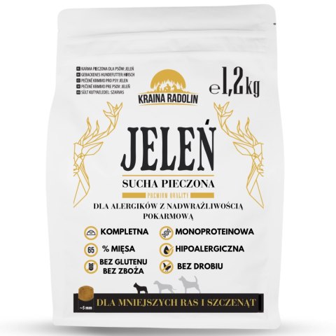 Kraina Radolin Jeleń 1,2 kg mniejszye rasy i szczenięta karma sucha pieczona 65% mięsa dla alergików z nadwrażliwością pokarmową