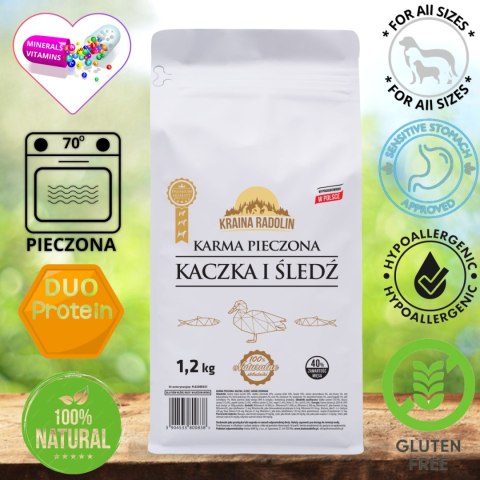 Kraina Radolin Kaczka i Śledź 1,2kg dla psów z alegrią i nadwrażliwością pokarmową 40% mięsa pieczonego karma sucha