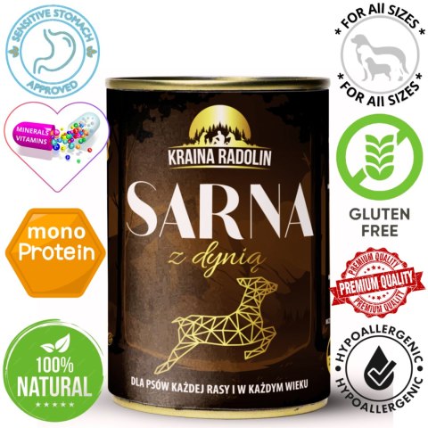 Kraina Radolin Sarna z dynią 400g 84% mięsa karma mokra dla alergików z nadwrażliwością pokarmową