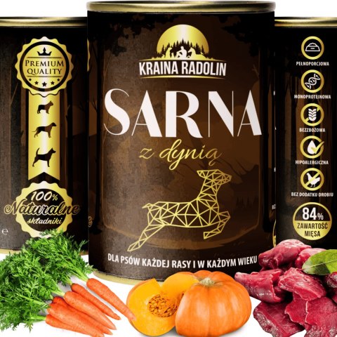 Kraina Radolin Sarna z dynią 400g 84% mięsa karma mokra dla alergików z nadwrażliwością pokarmową